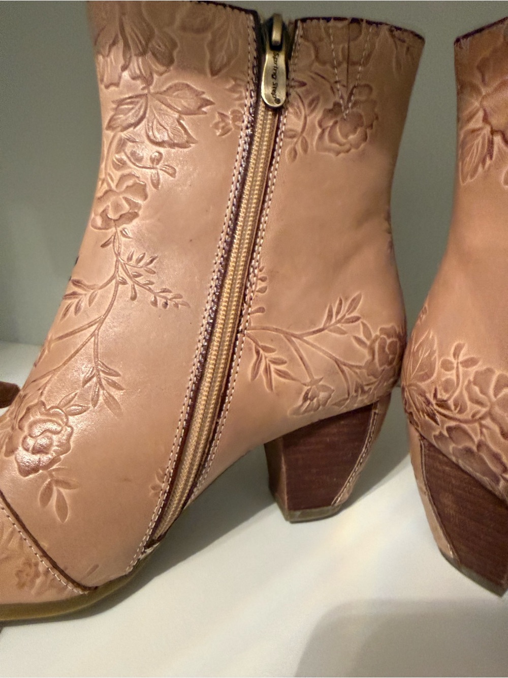 L’artiste Women's Blush Floral Embossed Ankle Boots with Teal Accents - Picture 4 of 5